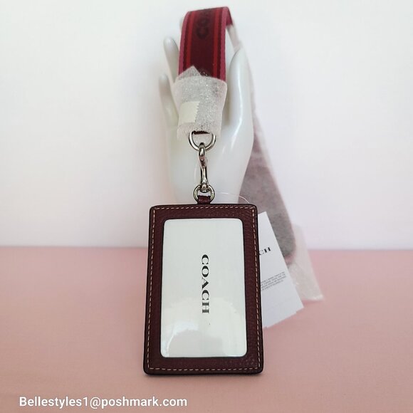 COACH Lanyard ID Pebbled Leather w Webbing Strap- Wine multi⭐ - Picture 1 of 14